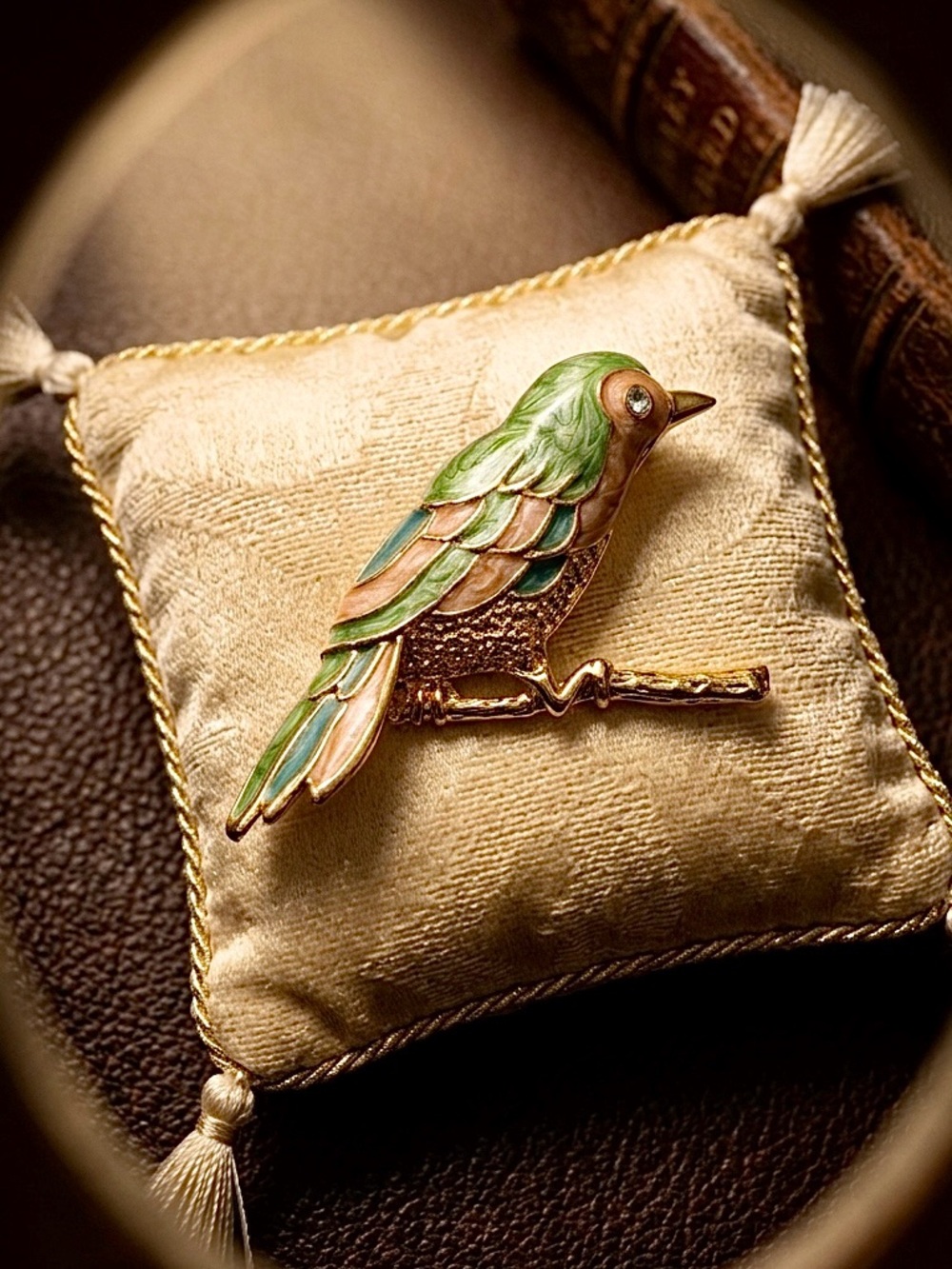 Vintage Enameled Gold-Tone Bird on a Branch Brooch